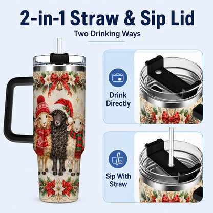 #pl[40oz|Black] Christmas Sheep 40oz Tumbler with Handle, Festive Farmhouse Lamb Art