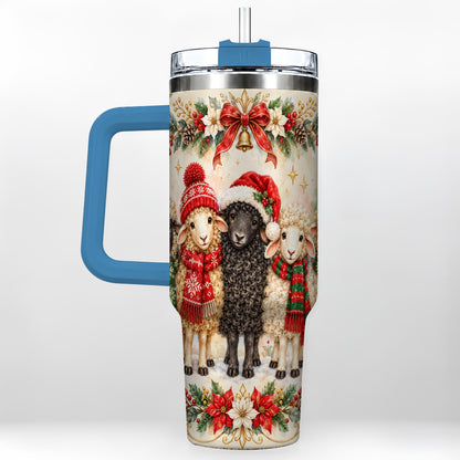#pl[40oz|Blue] Christmas Sheep 40oz Tumbler with Handle, Festive Farmhouse Lamb Art