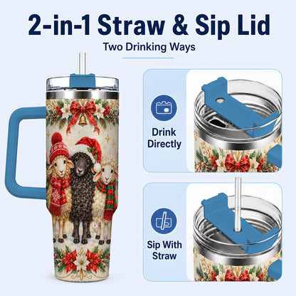 #pl[40oz|Blue] Christmas Sheep 40oz Tumbler with Handle, Festive Farmhouse Lamb Art