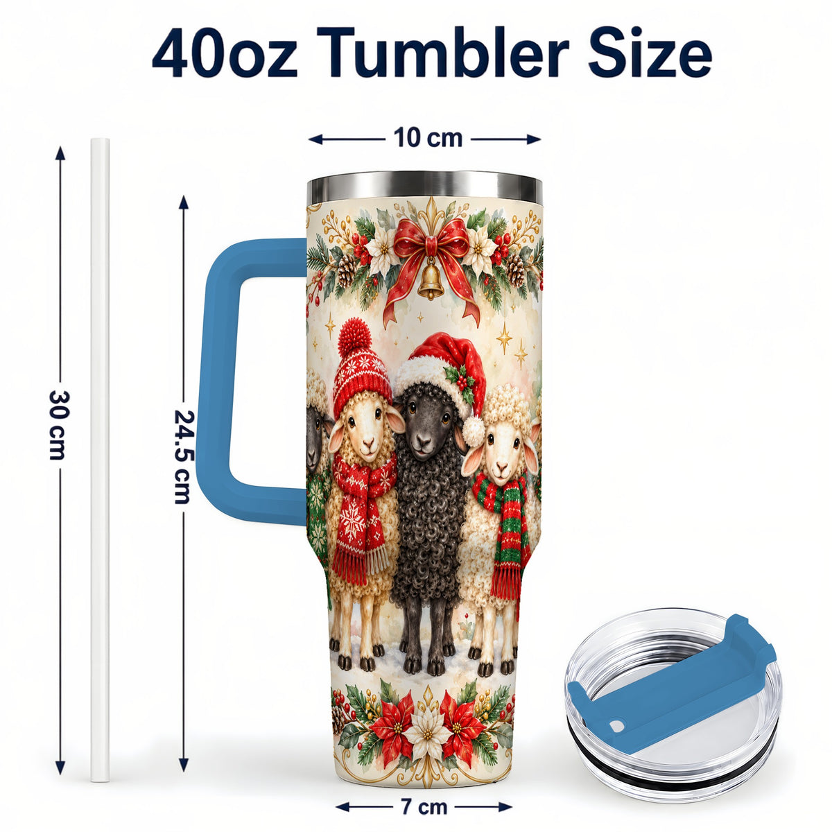 #pl[40oz|Blue] Christmas Sheep 40oz Tumbler with Handle, Festive Farmhouse Lamb Art