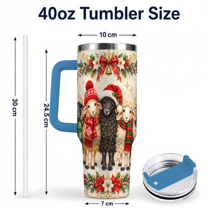 #pl[40oz|Blue] Christmas Sheep 40oz Tumbler with Handle, Festive Farmhouse Lamb Art