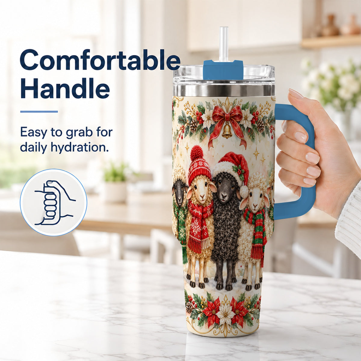 #pl[40oz|Blue] Christmas Sheep 40oz Tumbler with Handle, Festive Farmhouse Lamb Art