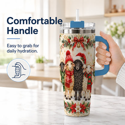 #pl[40oz|Blue] Christmas Sheep 40oz Tumbler with Handle, Festive Farmhouse Lamb Art