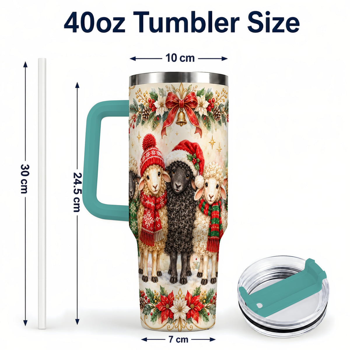 #pl[40oz|Green] Christmas Sheep 40oz Tumbler with Handle, Festive Farmhouse Lamb Art