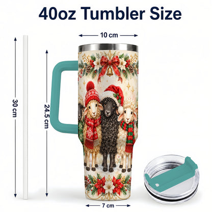 #pl[40oz|Green] Christmas Sheep 40oz Tumbler with Handle, Festive Farmhouse Lamb Art