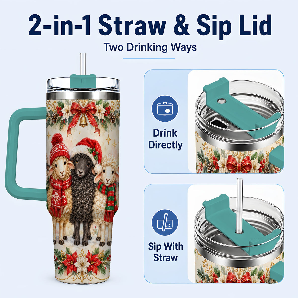 #pl[40oz|Green] Christmas Sheep 40oz Tumbler with Handle, Festive Farmhouse Lamb Art