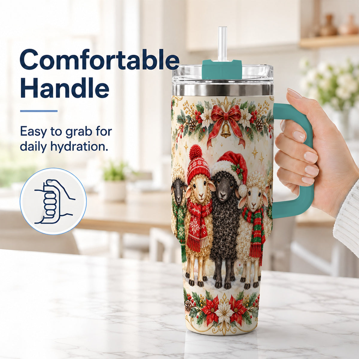 #pl[40oz|Green] Christmas Sheep 40oz Tumbler with Handle, Festive Farmhouse Lamb Art