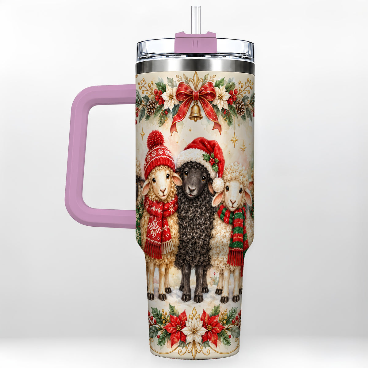 #pl[40oz|Pink] Christmas Sheep 40oz Tumbler with Handle, Festive Farmhouse Lamb Art