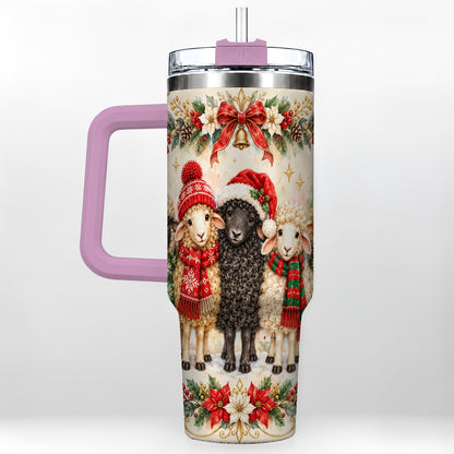 #pl[40oz|Pink] Christmas Sheep 40oz Tumbler with Handle, Festive Farmhouse Lamb Art