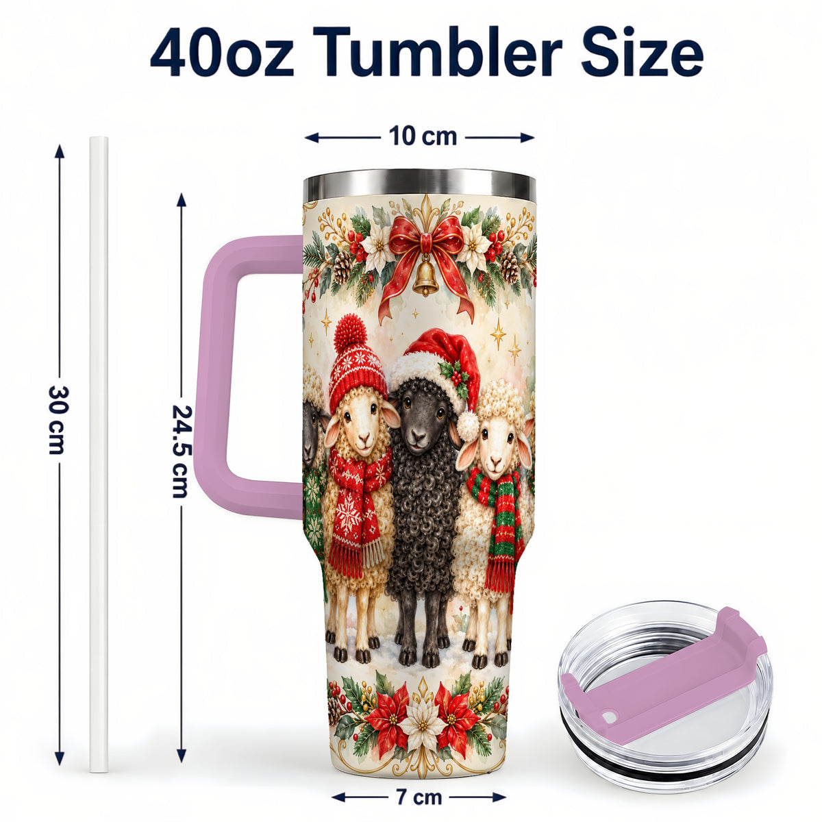 #pl[40oz|Pink] Christmas Sheep 40oz Tumbler with Handle, Festive Farmhouse Lamb Art