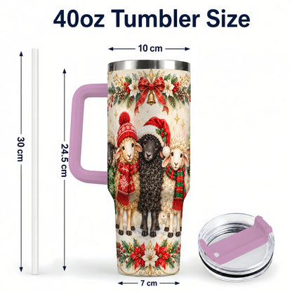 #pl[40oz|Pink] Christmas Sheep 40oz Tumbler with Handle, Festive Farmhouse Lamb Art