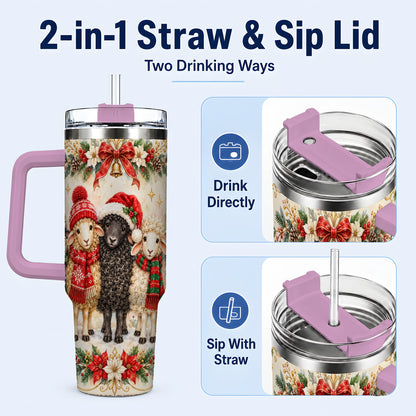 #pl[40oz|Pink] Christmas Sheep 40oz Tumbler with Handle, Festive Farmhouse Lamb Art