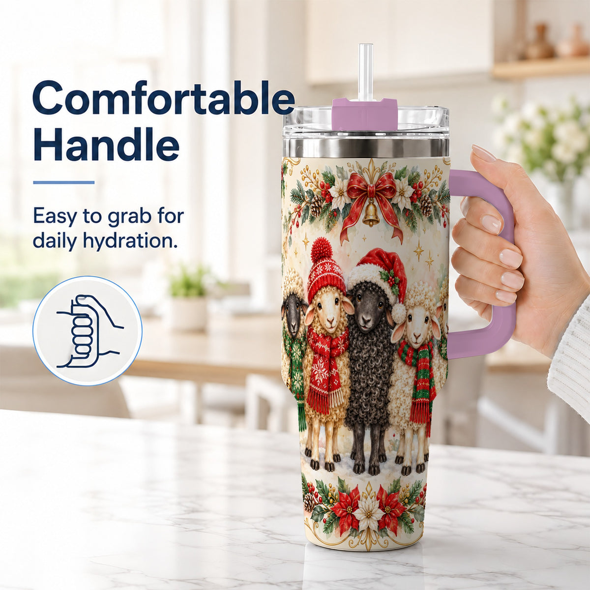 #pl[40oz|Pink] Christmas Sheep 40oz Tumbler with Handle, Festive Farmhouse Lamb Art