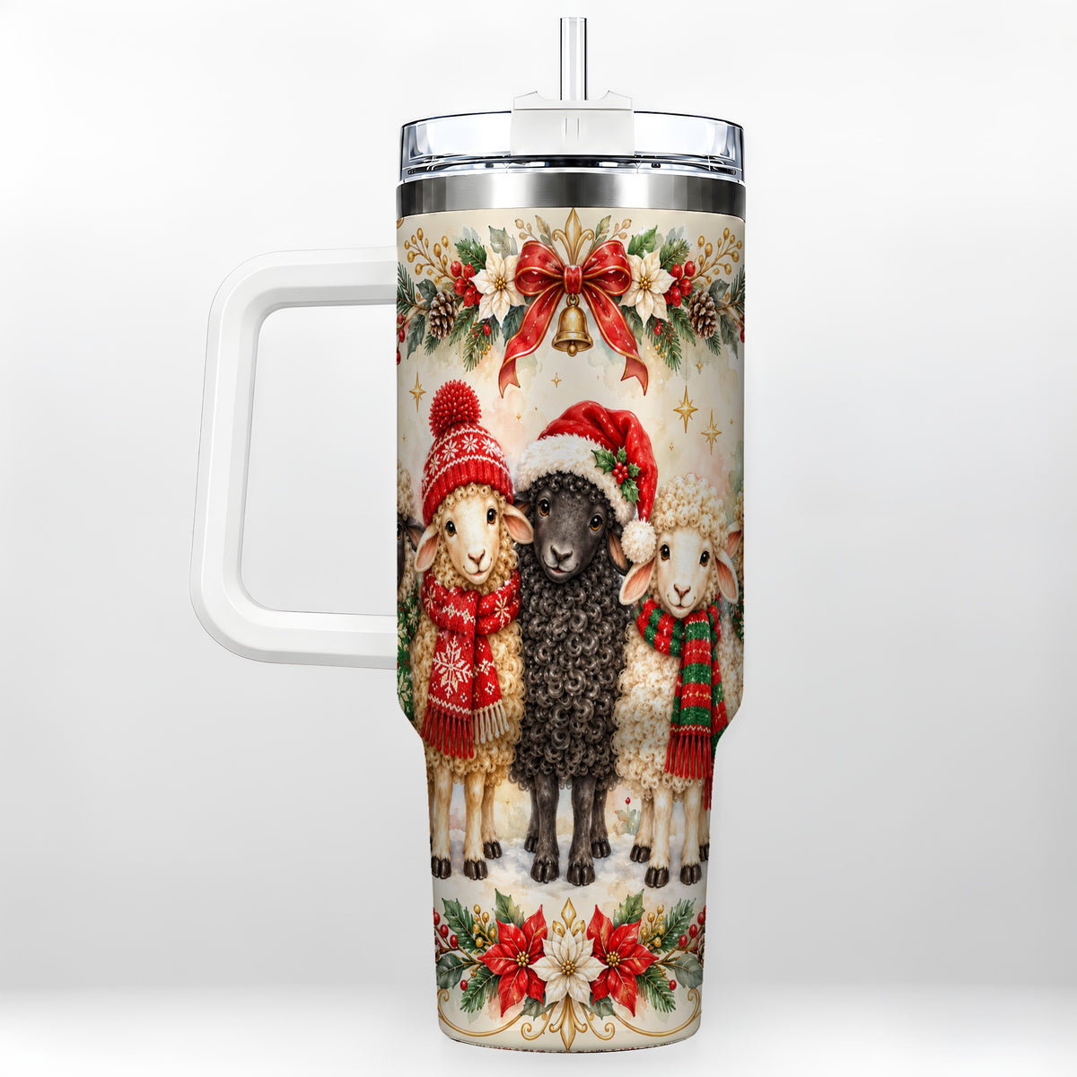 Christmas Sheep 40oz Tumbler with Handle, Festive Farmhouse Lamb Art