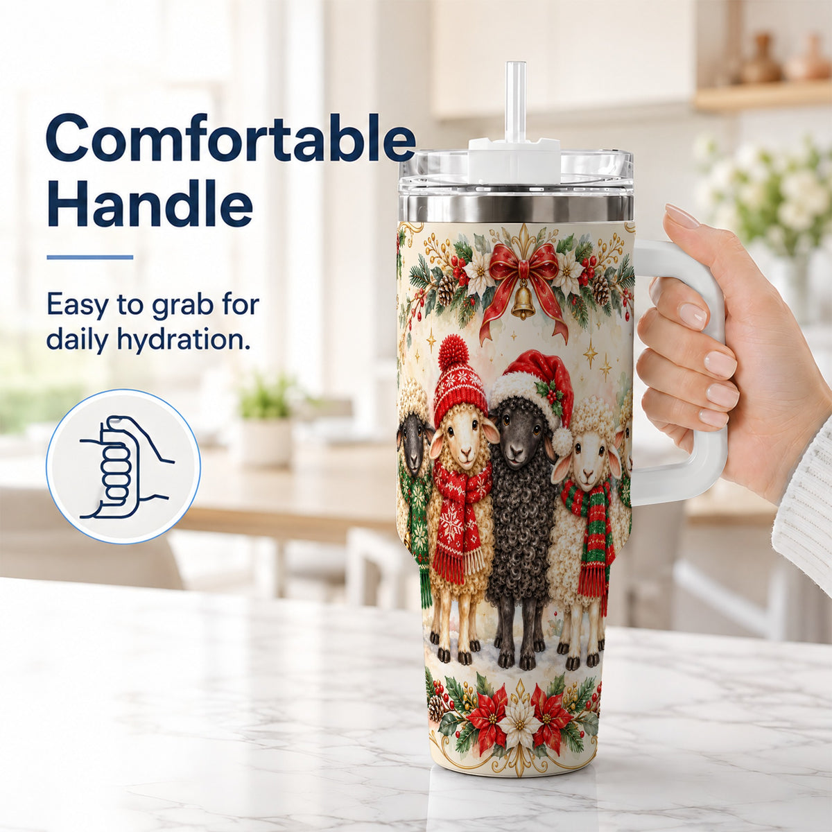 #pl[40oz|White] Christmas Sheep 40oz Tumbler with Handle, Festive Farmhouse Lamb Art