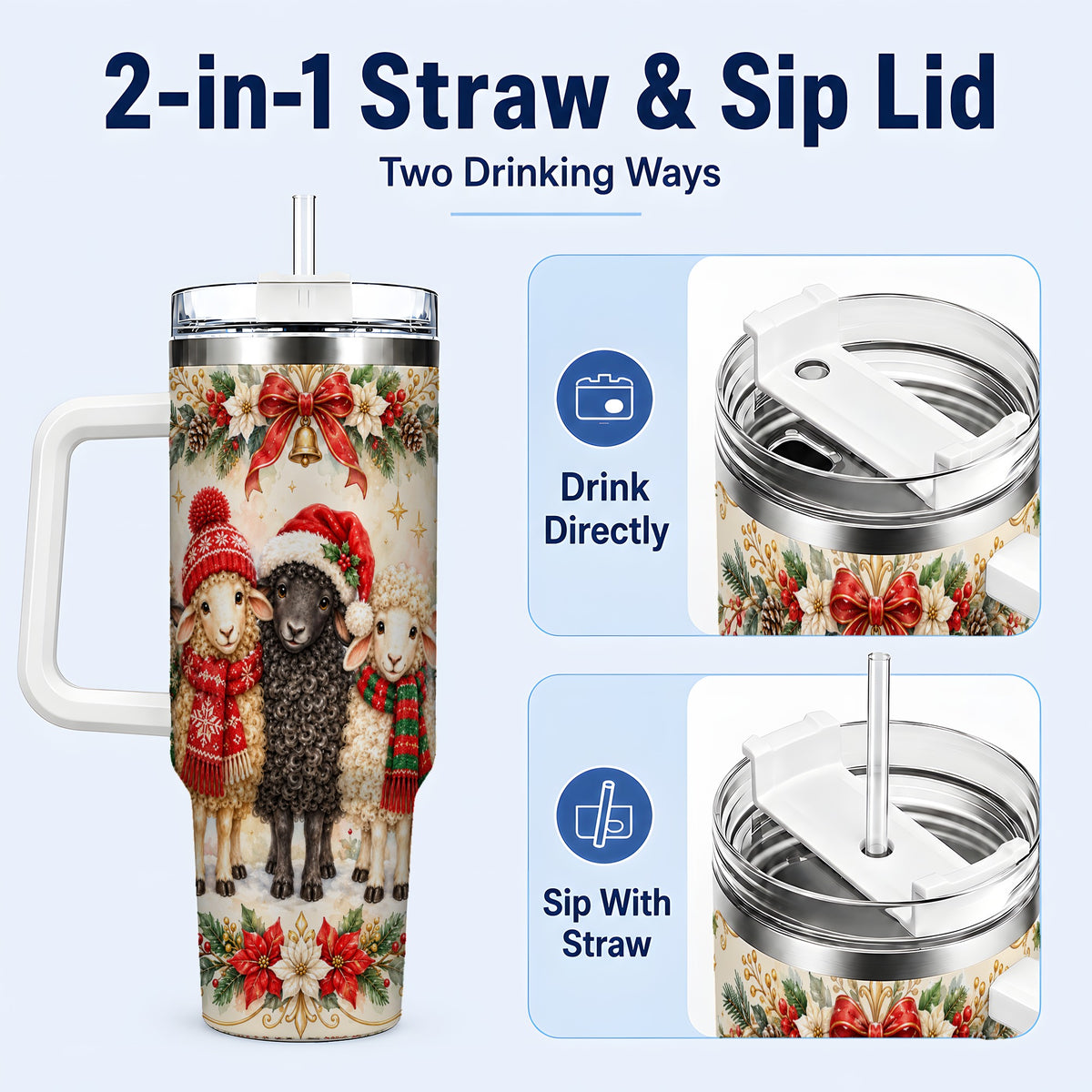 #pl[40oz|White] Christmas Sheep 40oz Tumbler with Handle, Festive Farmhouse Lamb Art