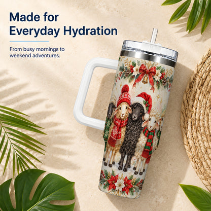 Christmas Sheep 40oz Tumbler with Handle, Festive Farmhouse Lamb Art