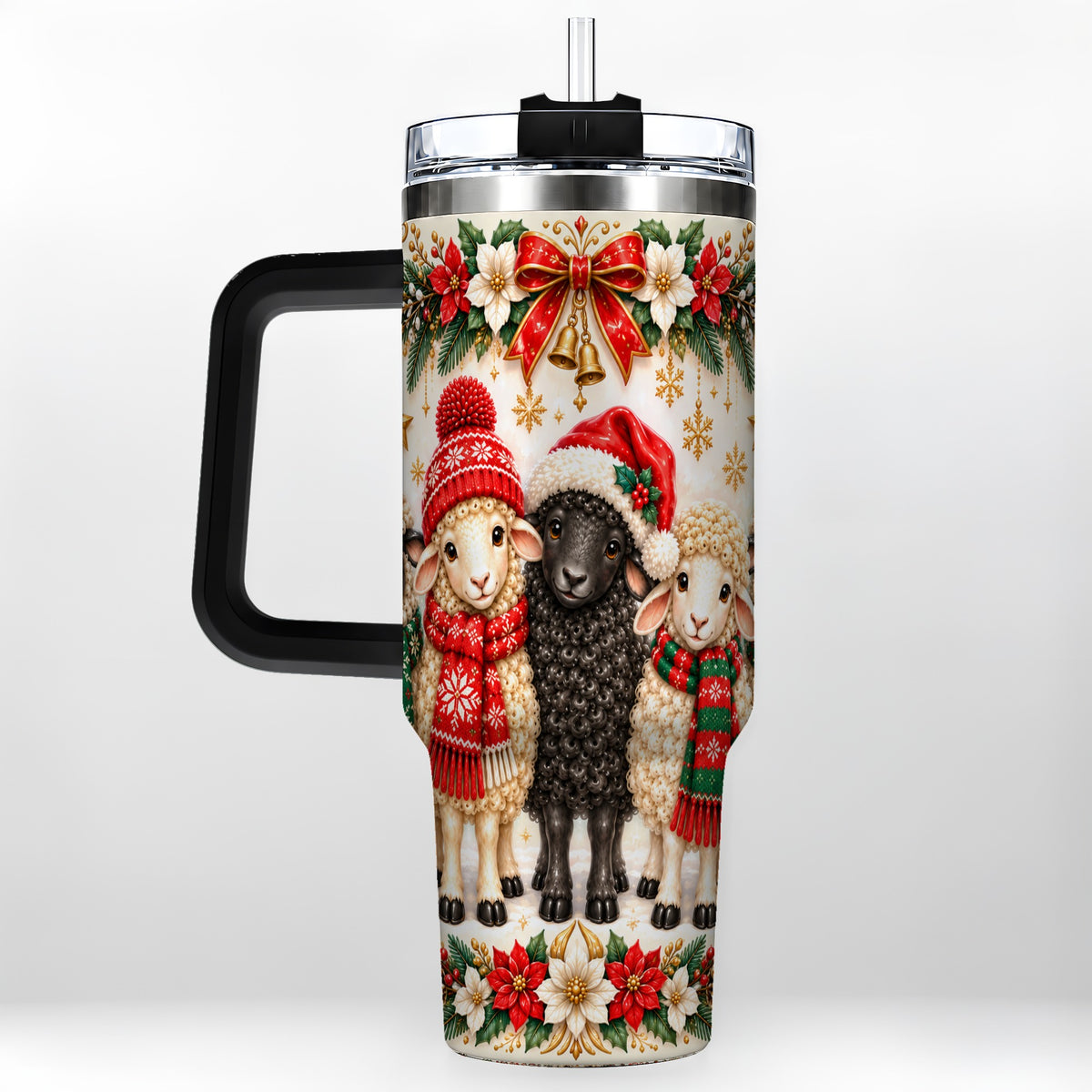 #pl[40oz|Black] Christmas Sheep 40oz Tumbler with Handle, Santa Lamb Farmhouse Artwork