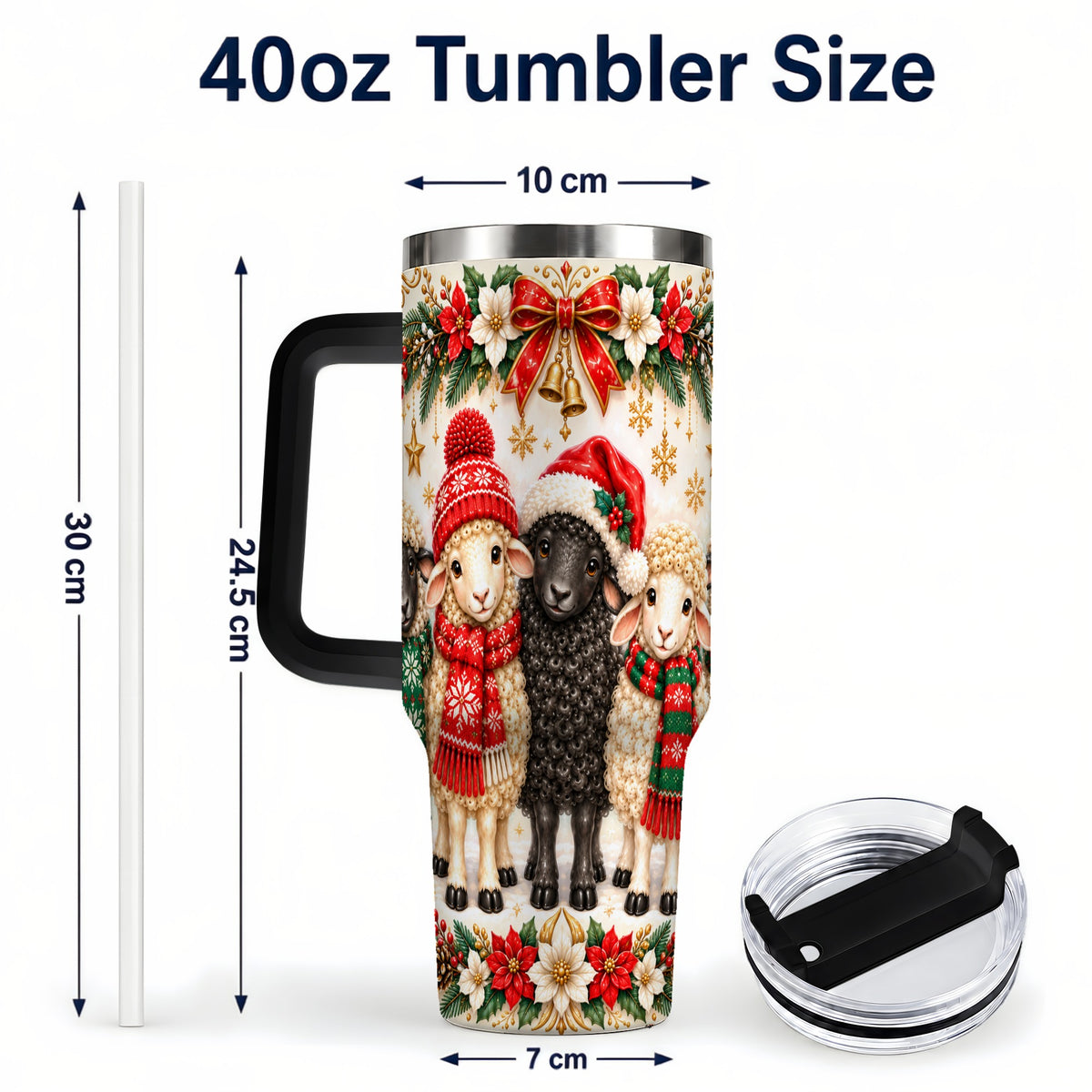 #pl[40oz|Black] Christmas Sheep 40oz Tumbler with Handle, Santa Lamb Farmhouse Artwork