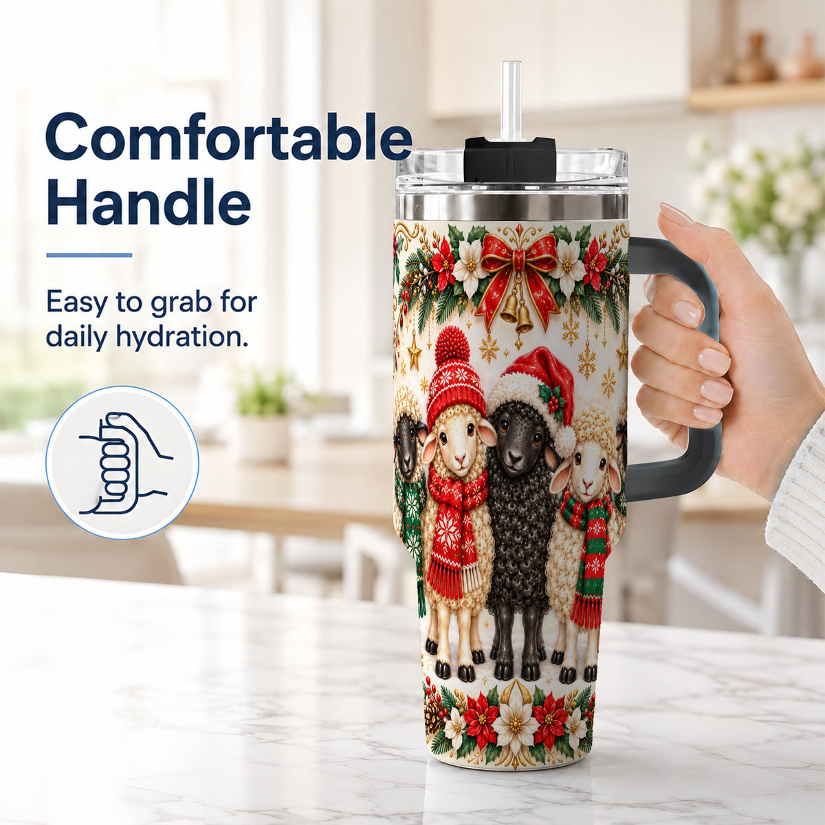 #pl[40oz|Black] Christmas Sheep 40oz Tumbler with Handle, Santa Lamb Farmhouse Artwork