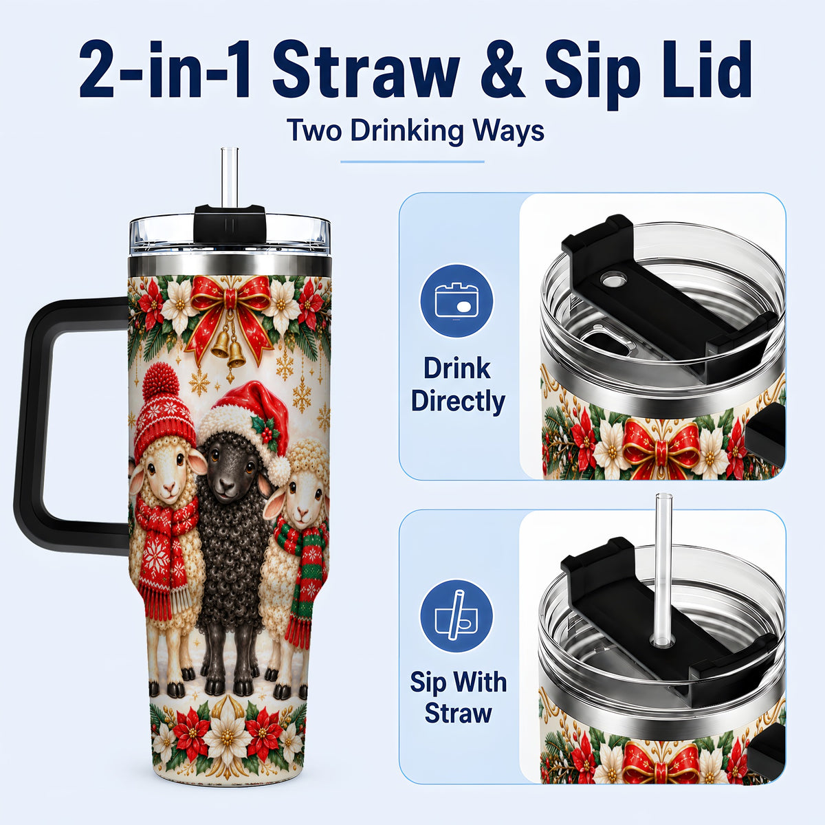 #pl[40oz|Black] Christmas Sheep 40oz Tumbler with Handle, Santa Lamb Farmhouse Artwork