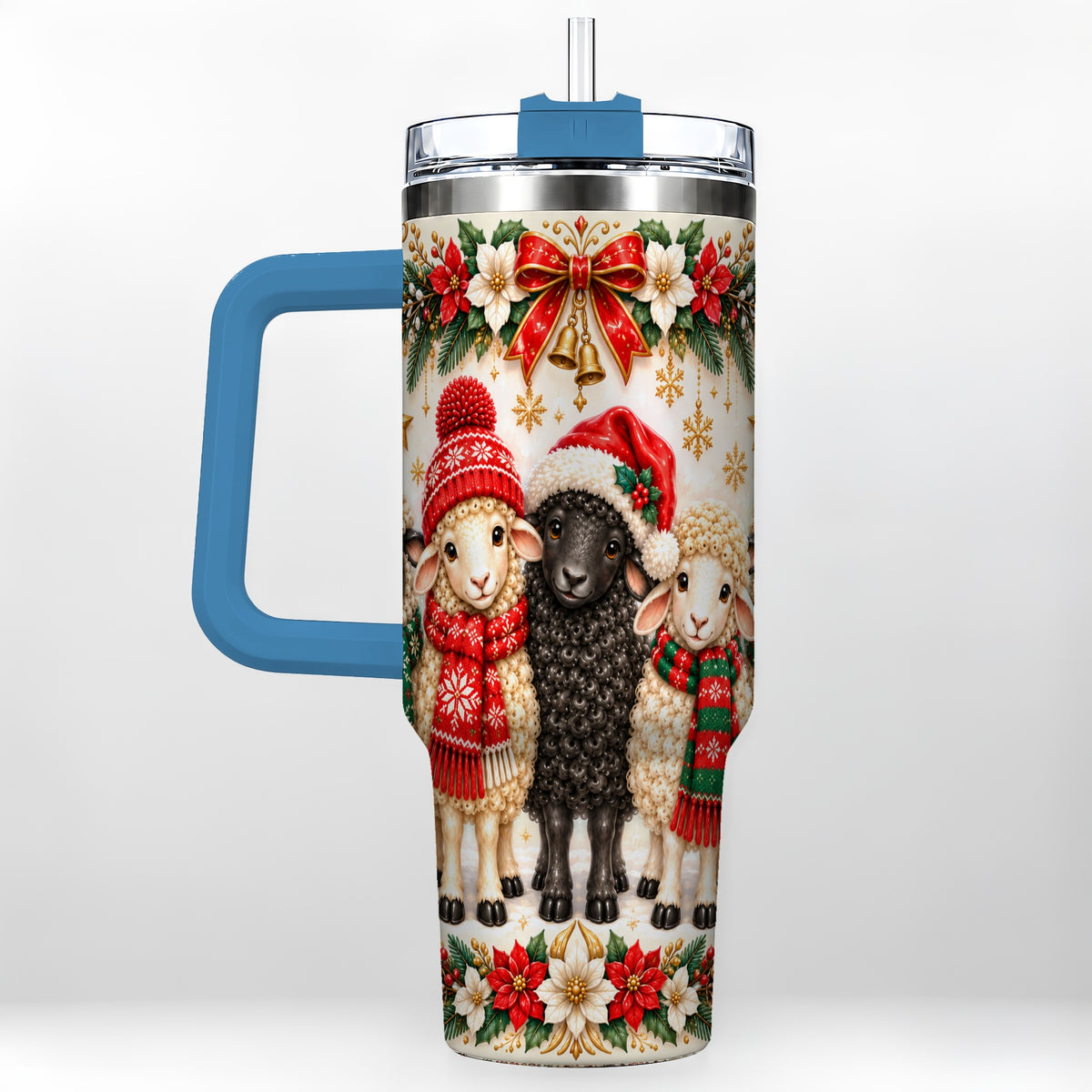 #pl[40oz|Blue] Christmas Sheep 40oz Tumbler with Handle, Santa Lamb Farmhouse Artwork