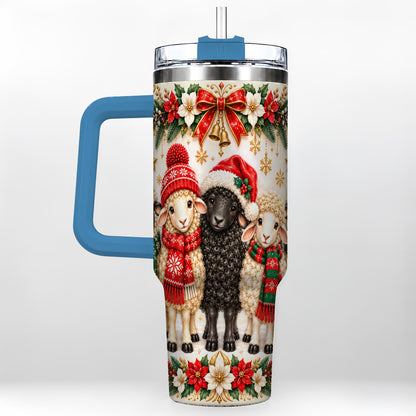 #pl[40oz|Blue] Christmas Sheep 40oz Tumbler with Handle, Santa Lamb Farmhouse Artwork