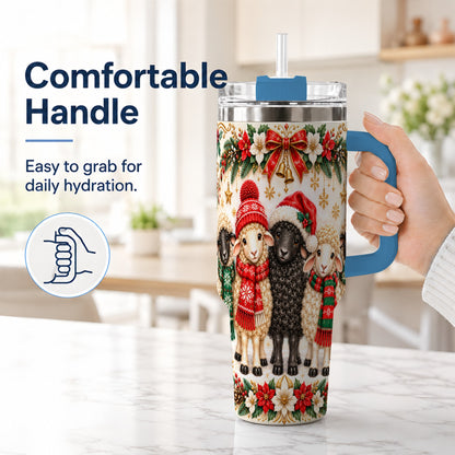 #pl[40oz|Blue] Christmas Sheep 40oz Tumbler with Handle, Santa Lamb Farmhouse Artwork