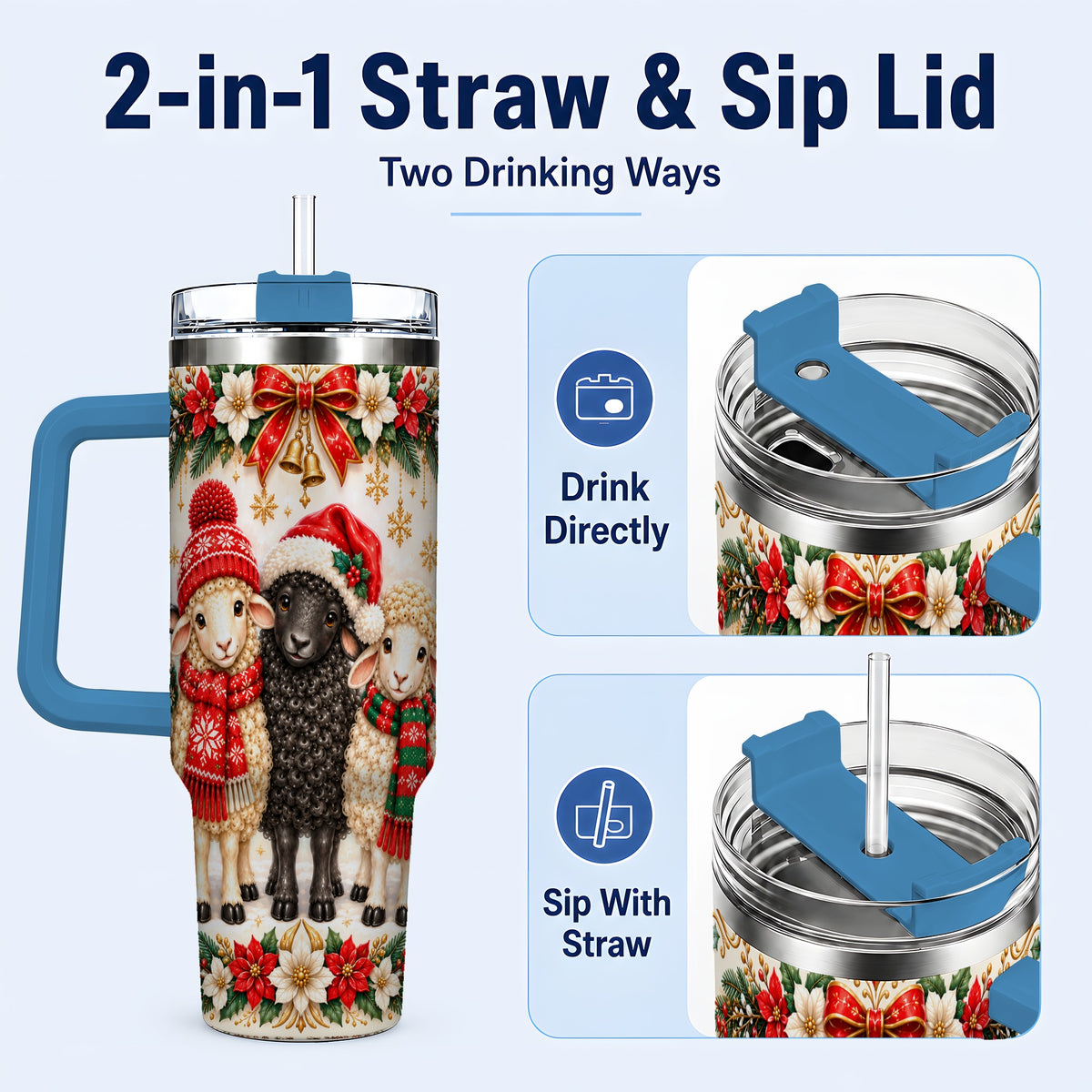 #pl[40oz|Blue] Christmas Sheep 40oz Tumbler with Handle, Santa Lamb Farmhouse Artwork