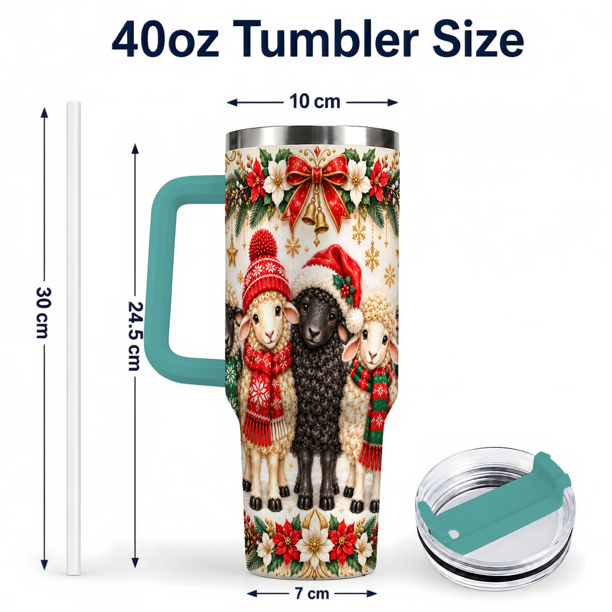 #pl[40oz|Green] Christmas Sheep 40oz Tumbler with Handle, Santa Lamb Farmhouse Artwork