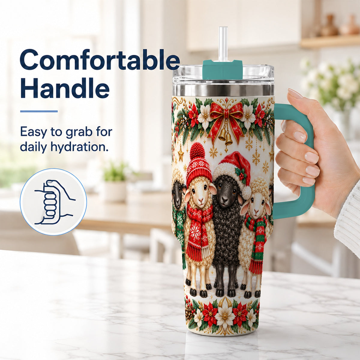 #pl[40oz|Green] Christmas Sheep 40oz Tumbler with Handle, Santa Lamb Farmhouse Artwork