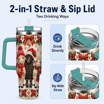 #pl[40oz|Green] Christmas Sheep 40oz Tumbler with Handle, Santa Lamb Farmhouse Artwork