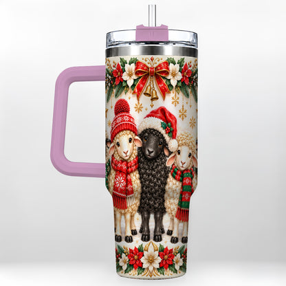 #pl[40oz|Pink] Christmas Sheep 40oz Tumbler with Handle, Santa Lamb Farmhouse Artwork