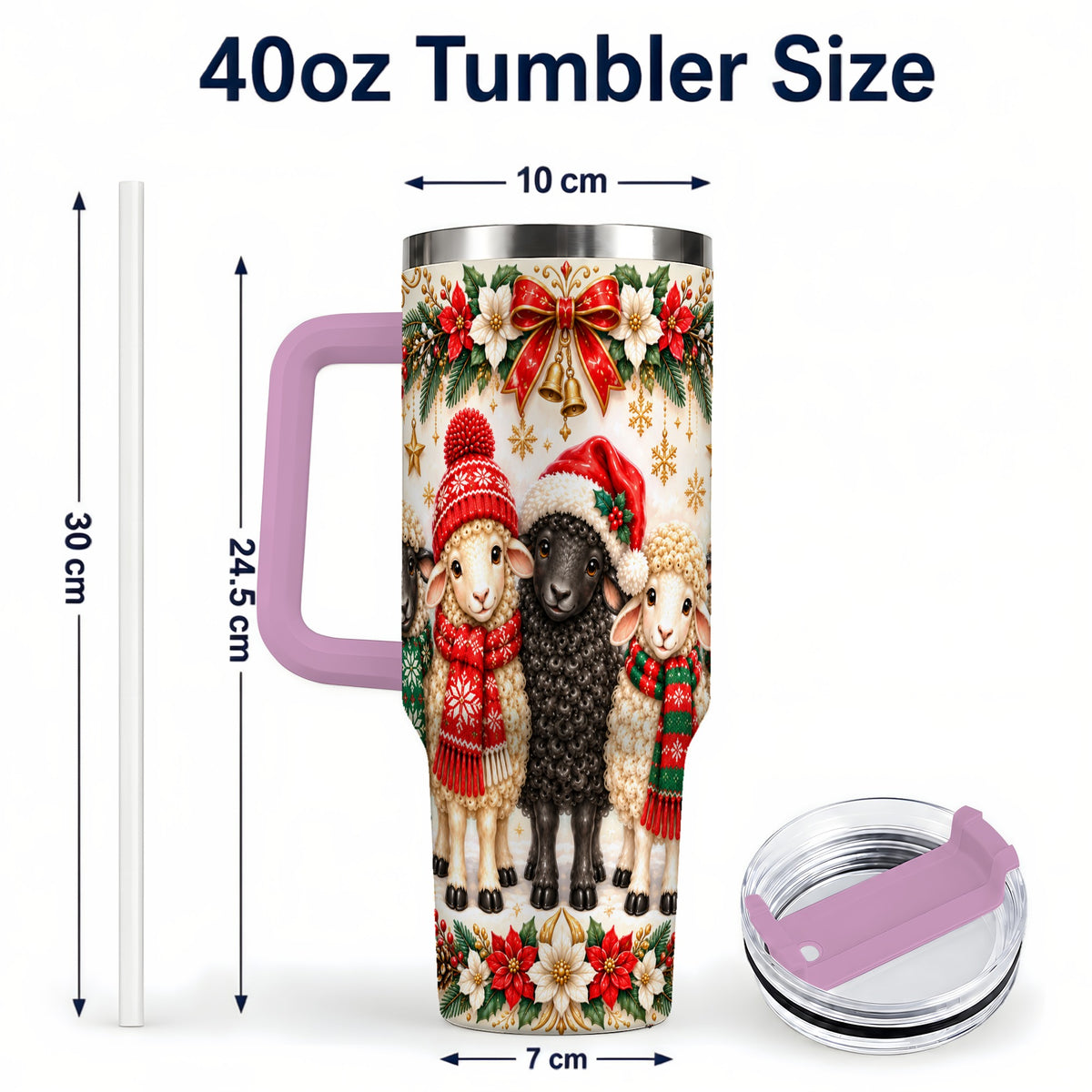 #pl[40oz|Pink] Christmas Sheep 40oz Tumbler with Handle, Santa Lamb Farmhouse Artwork
