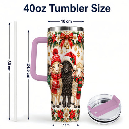 #pl[40oz|Pink] Christmas Sheep 40oz Tumbler with Handle, Santa Lamb Farmhouse Artwork