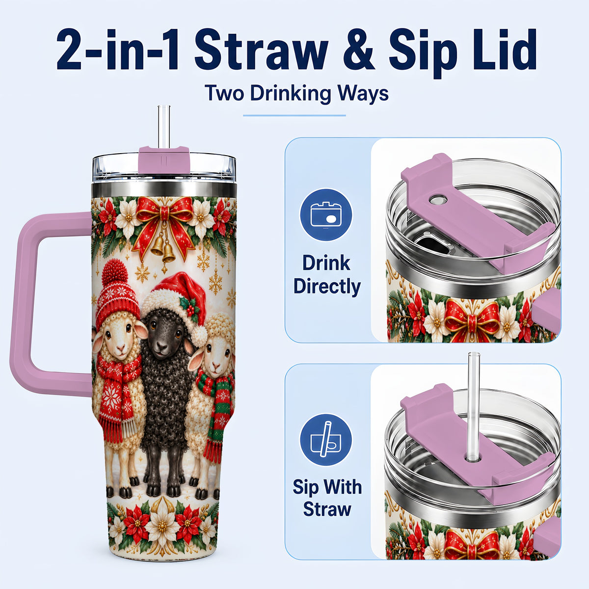 #pl[40oz|Pink] Christmas Sheep 40oz Tumbler with Handle, Santa Lamb Farmhouse Artwork
