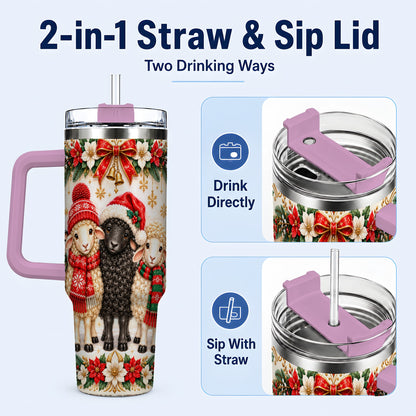 #pl[40oz|Pink] Christmas Sheep 40oz Tumbler with Handle, Santa Lamb Farmhouse Artwork