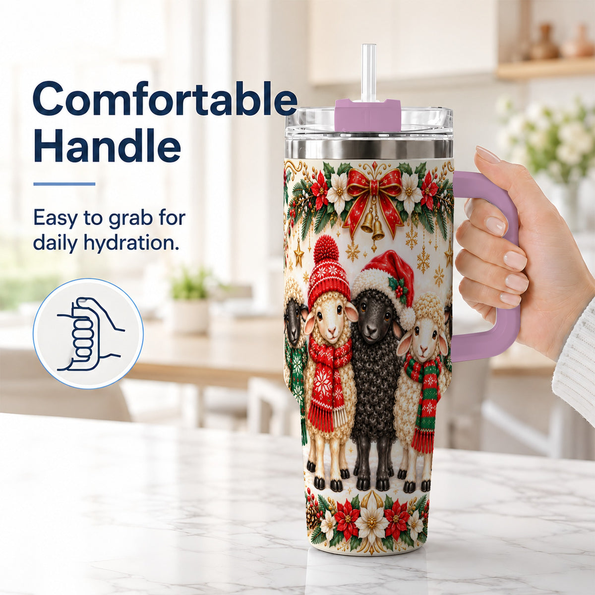 #pl[40oz|Pink] Christmas Sheep 40oz Tumbler with Handle, Santa Lamb Farmhouse Artwork