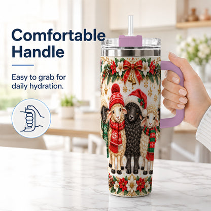 #pl[40oz|Pink] Christmas Sheep 40oz Tumbler with Handle, Santa Lamb Farmhouse Artwork