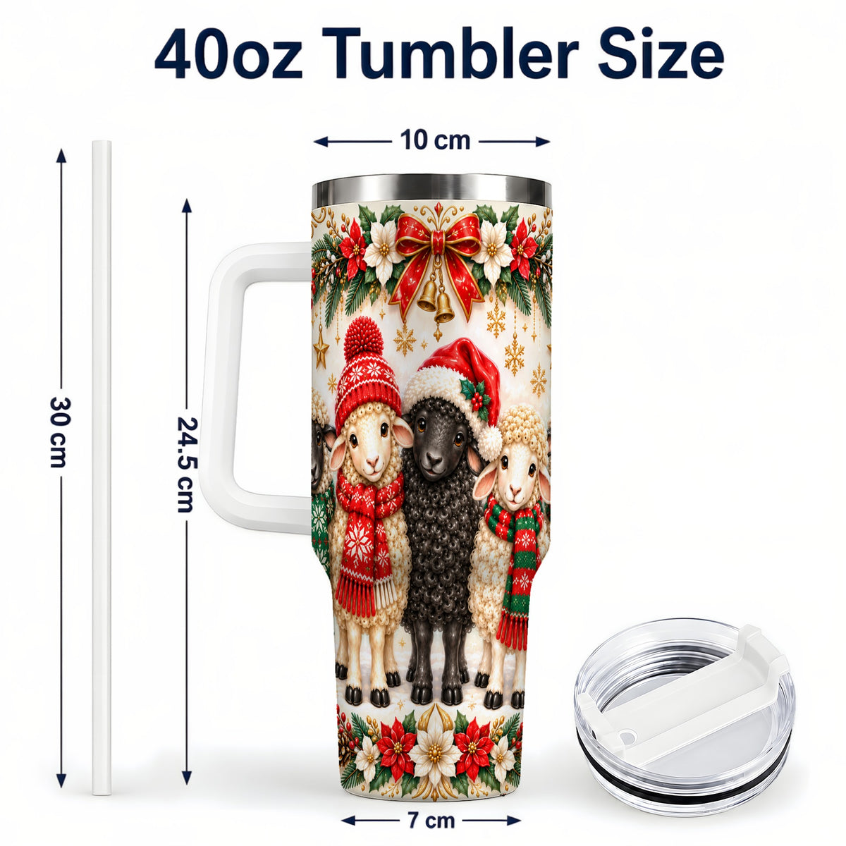 #pl[40oz|White] Christmas Sheep 40oz Tumbler with Handle, Santa Lamb Farmhouse Artwork