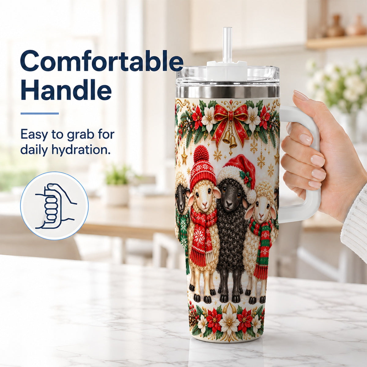 #pl[40oz|White] Christmas Sheep 40oz Tumbler with Handle, Santa Lamb Farmhouse Artwork
