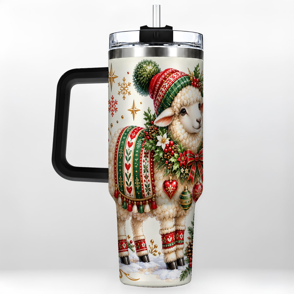#pl[40oz|Black] Christmas Lamb 40oz Tumbler with Handle, Cozy Winter Sheep Artwork
