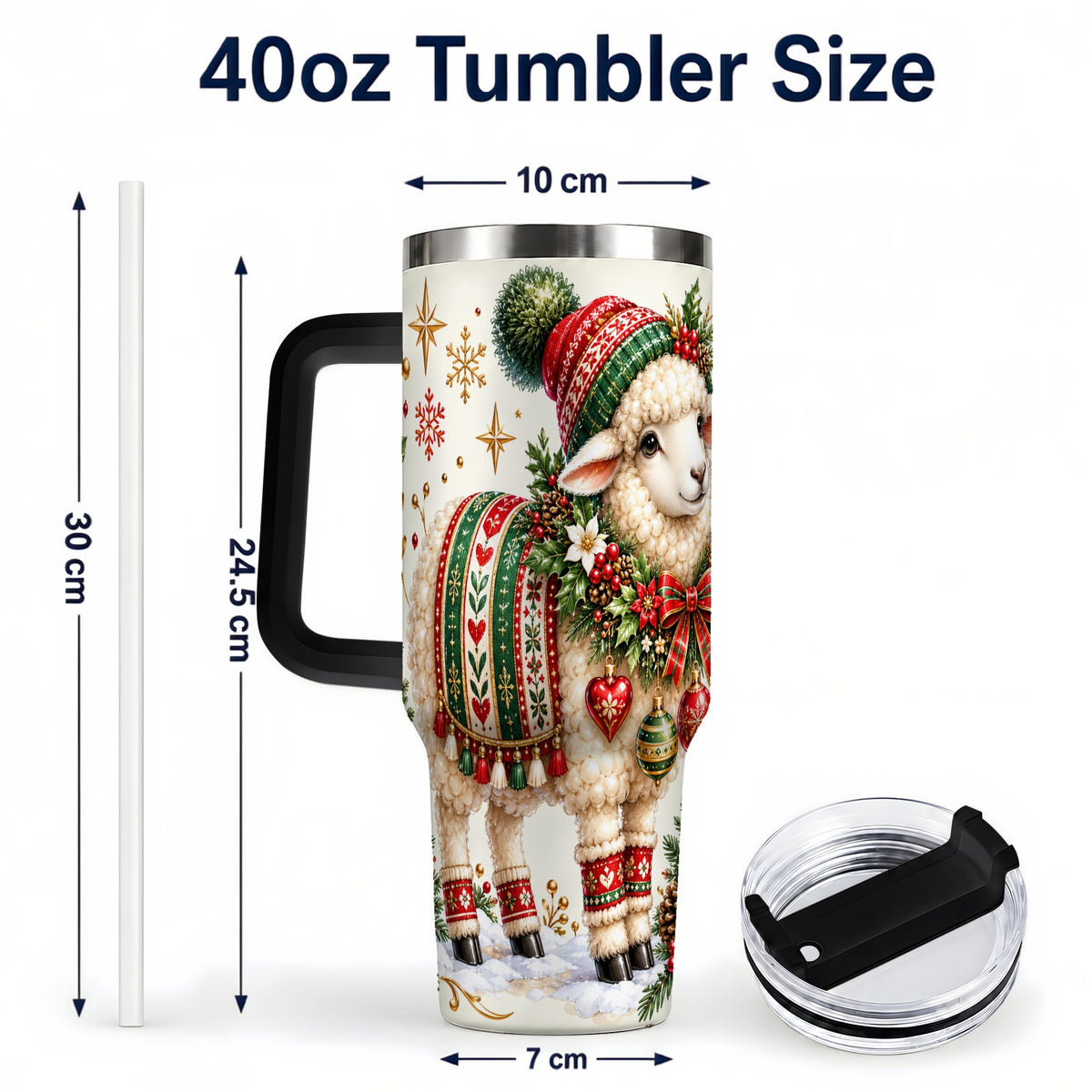 #pl[40oz|Black] Christmas Lamb 40oz Tumbler with Handle, Cozy Winter Sheep Artwork