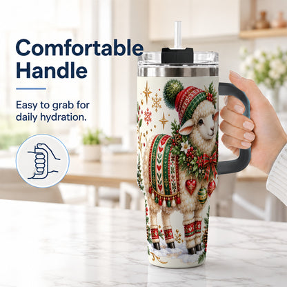 #pl[40oz|Black] Christmas Lamb 40oz Tumbler with Handle, Cozy Winter Sheep Artwork