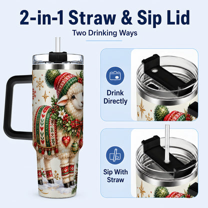#pl[40oz|Black] Christmas Lamb 40oz Tumbler with Handle, Cozy Winter Sheep Artwork