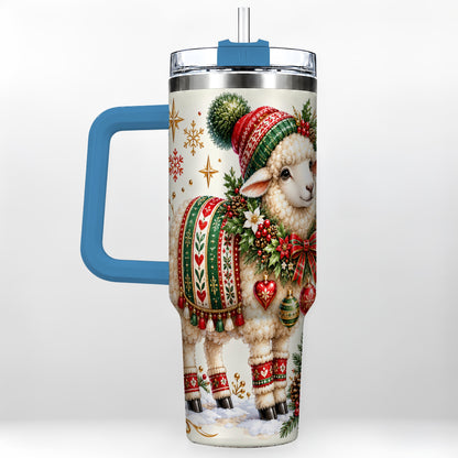 #pl[40oz|Blue] Christmas Lamb 40oz Tumbler with Handle, Cozy Winter Sheep Artwork