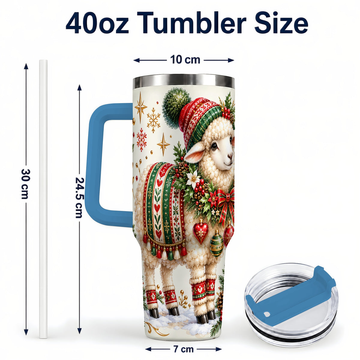 #pl[40oz|Blue] Christmas Lamb 40oz Tumbler with Handle, Cozy Winter Sheep Artwork