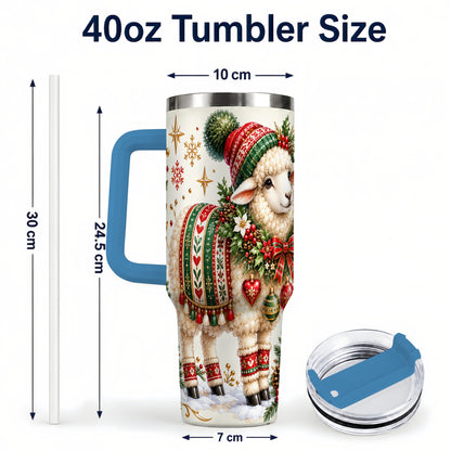 #pl[40oz|Blue] Christmas Lamb 40oz Tumbler with Handle, Cozy Winter Sheep Artwork