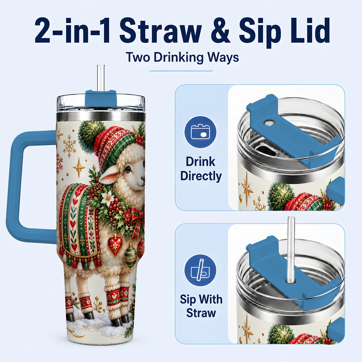 #pl[40oz|Blue] Christmas Lamb 40oz Tumbler with Handle, Cozy Winter Sheep Artwork
