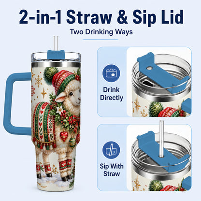 #pl[40oz|Blue] Christmas Lamb 40oz Tumbler with Handle, Cozy Winter Sheep Artwork